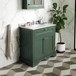 Old London 1000mm Cabinet & Single Bowl Grey Marble Top - Hunter Green -Victorian Plumbing Shop LOF878 D2 460
