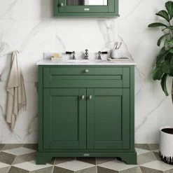 Old London 800mm Cabinet & Single Bowl White Marble Top - Hunter Green -Victorian Plumbing Shop OLMT800HG d3 460