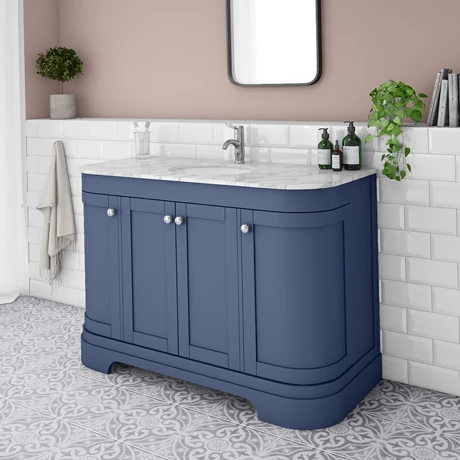 PBC12BLCRVM-N-P.jpg Period Bathroom Co. 1220mm Curved Vanity Unit with White Marble Basin Top - Cobalt Blue -Victorian Plumbing Shop PBC12BLCRVM N P