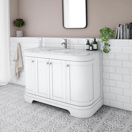 PBC12WTCRVM-n-p.jpg Period Bathroom Co. 1220mm Curved Vanity Unit with White Marble Basin Top - White -Victorian Plumbing Shop PBC12WTCRVM n p