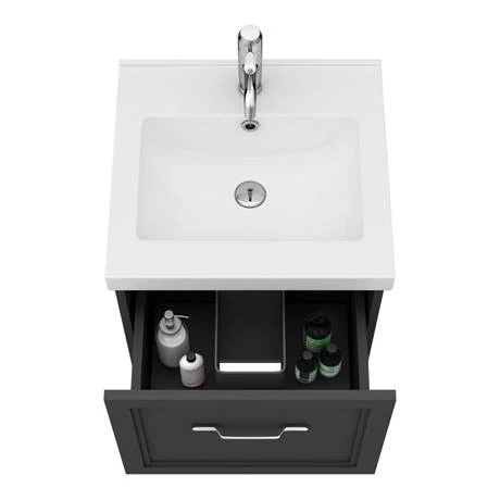 PBC5WHBLK1D_d1_460.jpg Period Bathroom Co. Wall Hung Vanity - Matt Black - 500mm 1 Drawer with Chrome Handle -Victorian Plumbing Shop PBC5WHBLK1D d1 460