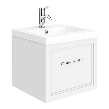 PBC5WHWHT1D_p.jpg Period Bathroom Co. Wall Hung Vanity - Matt White - 500mm 1 Drawer with Chrome Handle -Victorian Plumbing Shop PBC5WHWHT1D p