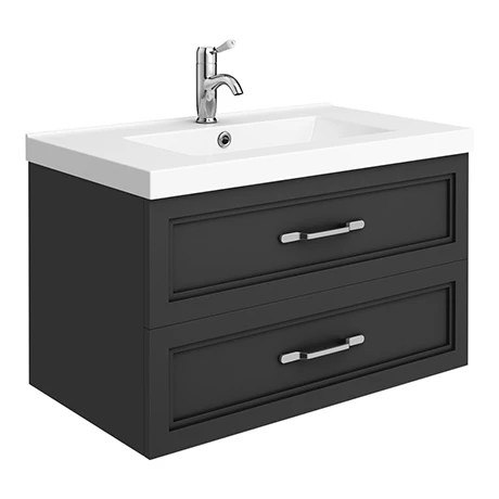 PBC8WHBLK2D-p.jpg Period Bathroom Co. Wall Hung Vanity - Matt Black - 800mm 2 Drawer with Chrome Handles -Victorian Plumbing Shop PBC8WHBLK2D p