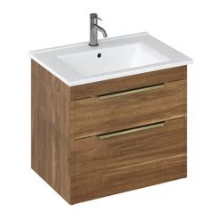Britton Shoreditch 650mm Wall-Hung Double Drawer Vanity Unit with Brass Handles - Caramel