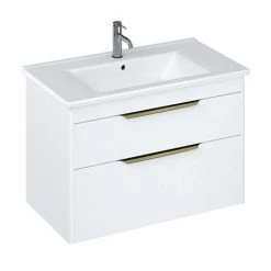 Britton Shoreditch 850mm Wall-Hung Double Drawer Vanity Unit with Brass Handles - Matt White