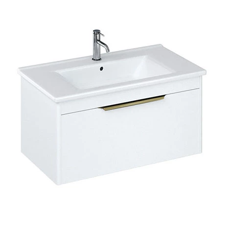 S85SDWSQBR_P.jpg Britton Shoreditch 850mm Wall-Hung Single Drawer Vanity Unit with Brass Handle - Matt White -Victorian Plumbing Shop S85SDWSQBR P