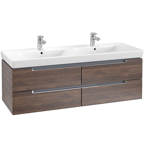SBDB13AO_P.jpg Villeroy and Boch Subway 2.0 Arizona Oak 1300mm Wall Hung Double Basin Vanity Unit -Victorian Plumbing Shop SBDB13AO P