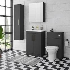 Arezzo 500 Matt Black Floor Standing Vanity Unit with Brushed Brass Handles 3 Arezzo 500 Matt Black Floor Standing Vanity Unit with Brushed Brass Handles -Victorian Plumbing Shop Soft Black Lifestyle 01 460 1