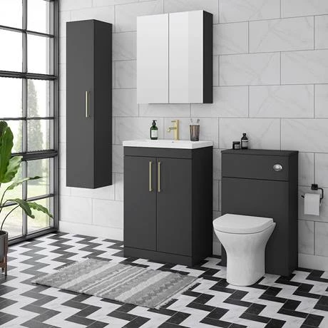Soft-Black-Lifestyle-01_460-1.jpg Arezzo 500 Matt Black Floor Standing Vanity Unit with Brushed Brass Handles -Victorian Plumbing Shop Soft Black Lifestyle 01 460 1