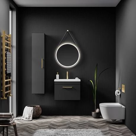 Soft-Black-Lifestyle-02_460.jpg Arezzo 600 Matt Black Wall Hung 1-Drawer Vanity Unit with Brushed Brass Handle -Victorian Plumbing Shop Soft Black Lifestyle 02 460