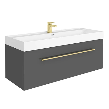 V12GGHBB_p.jpg Valencia 1200 Gloss Grey Minimalist Wall Hung Vanity Unit with Brass Handle -Victorian Plumbing Shop V12GGHBB p