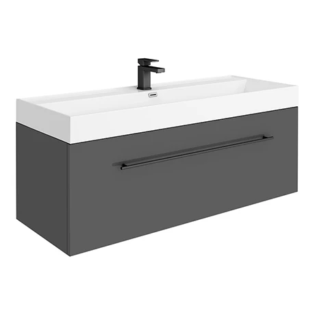 V12GWHMB_p.jpg Valencia 1200 Gloss Grey Minimalist Wall Hung Vanity Unit with Matt Black Handle -Victorian Plumbing Shop V12GWHMB p