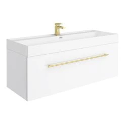 Valencia 1200 Gloss White Minimalist Wall Hung Vanity Unit with Brass Handle