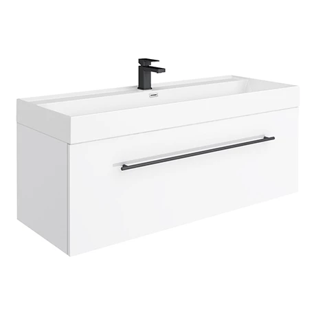 V12WWHMB_p.jpg Valencia 1200 Gloss White Minimalist Wall Hung Vanity Unit with Matt Black Handle -Victorian Plumbing Shop V12WWHMB p