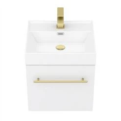 Valencia 450 Gloss White Minimalist Wall Hung Vanity Unit with Brass Handle -Victorian Plumbing Shop V4WWHBB d4 460