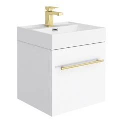 Valencia 450 Gloss White Minimalist Wall Hung Vanity Unit with Brass Handle