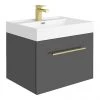 Valencia 600 Gloss Grey Minimalist Wall Hung Vanity Unit with Brass Handle