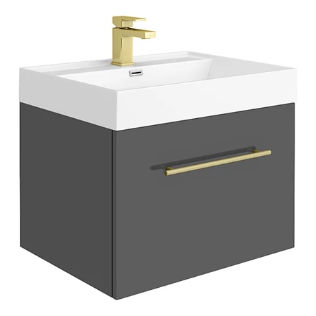 V6GGHBB_p.jpg Valencia 600 Gloss Grey Minimalist Wall Hung Vanity Unit with Brass Handle -Victorian Plumbing Shop V6GGHBB p
