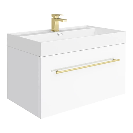 V8WWHBB_p.jpg Valencia 800 Gloss White Minimalist Wall Hung Vanity Unit with Brass Handle -Victorian Plumbing Shop V8WWHBB p