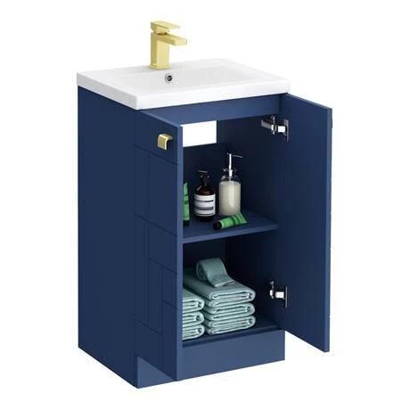 VAFS500BLUBRA_d4_460.jpg Venice Abstract 500mm Blue Vanity Unit - Floor Standing 2 Door Unit with Brushed Brass Square Drop Handles -Victorian Plumbing Shop VAFS500BLUBRA d4 460