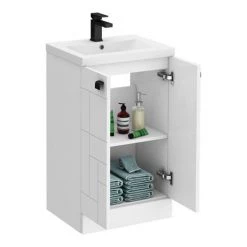Venice Abstract 500mm White Vanity Unit - Floor Standing 2 Door Unit with Matt Black Square Drop Handles -Victorian Plumbing Shop VAFS500WHIBLK d3 460