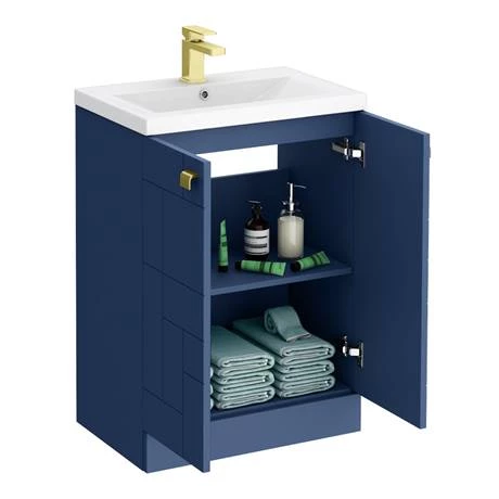 VAFS600BLUBRA_D3_460.jpg Venice Abstract 600mm Blue Vanity Unit - Floor Standing 2 Door Unit with Brushed Brass Square Drop Handles -Victorian Plumbing Shop VAFS600BLUBRA D3 460