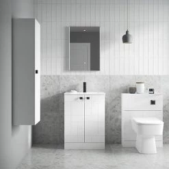Venice Abstract 600mm White Vanity Unit - Floor Standing 2 Door Unit with Matt Black Square Drop Handles -Victorian Plumbing Shop VAFS600WHIBLK d3 460