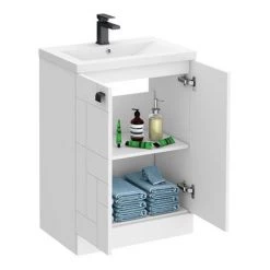 Venice Abstract 600mm White Vanity Unit - Floor Standing 2 Door Unit with Matt Black Square Drop Handles -Victorian Plumbing Shop VAFS600WHIBLK d4 460