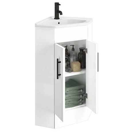 VB001_d3_460.jpg Venice Corner Vanity Unit - Gloss White - 590mm with Black Handles -Victorian Plumbing Shop VB001 d3 460
