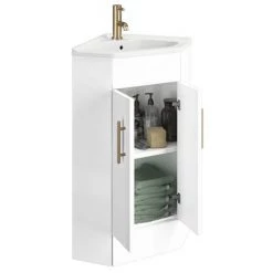 Venice Corner Vanity Unit - Gloss White - 590mm with Brushed Brass Handles 2 Venice Corner Vanity Unit - Gloss White - 590mm with Brushed Brass Handles -Victorian Plumbing Shop VBB001 d2 460