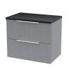 Venice Fluted 600mm Grey Vanity Unit - Wall Hung 2 Drawer Unit with Black Worktop & Chrome Handles