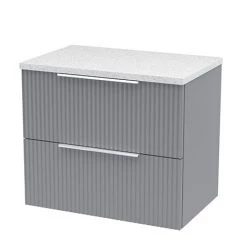 Venice Fluted 600mm Grey Vanity Unit - Wall Hung 2 Drawer Unit with White Worktop & Chrome Handles
