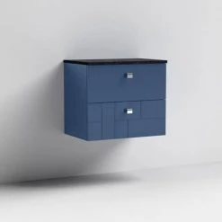 Venice Abstract 600mm Blue Vanity Unit - Wall Hung 2 Drawer Unit with Black Worktop & Chrome Handles -Victorian Plumbing Shop VWH6BLUBLK D1 460