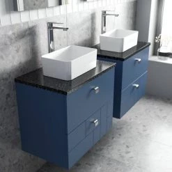 Venice Abstract 600mm Blue Vanity Unit - Wall Hung 2 Drawer Unit with Black Worktop & Chrome Handles -Victorian Plumbing Shop VWH6BLUBLK D2 460