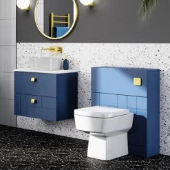 Venice Abstract 600mm Blue Vanity Unit - Wall Hung 2 Drawer Unit with White Worktop & Brushed Brass Handles 3 Venice Abstract 600mm Blue Vanity Unit - Wall Hung 2 Drawer Unit with White Worktop & Brushed Brass Handles -Victorian Plumbing Shop VWH6BLUWHIB d3 460