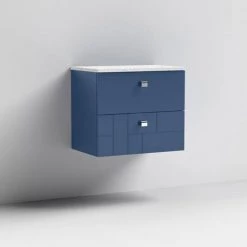Venice Abstract 600mm Blue Vanity Unit - Wall Hung 2 Drawer Unit with White Worktop & Chrome Handles 2 Venice Abstract 600mm Blue Vanity Unit - Wall Hung 2 Drawer Unit with White Worktop & Chrome Handles -Victorian Plumbing Shop VWH6BLUWHI D1 460