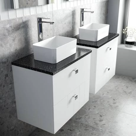 VWH6WHIBLK_D1_460.jpg Venice Abstract 600mm White Vanity Unit - Wall Hung 2 Drawer Unit with Black Worktop & Chrome Handles -Victorian Plumbing Shop VWH6WHIBLK D1 460