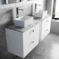 Venice Abstract 600mm White Vanity Unit - Wall Hung 2 Drawer Unit with Grey Worktop & Chrome Handles -Victorian Plumbing Shop VWH6WHIGRE D2 460