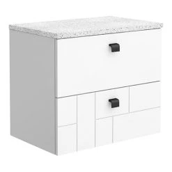 Venice Abstract 600mm White Vanity - Wall Hung 2 Drawer Unit with White Worktop & Matt Black Handles