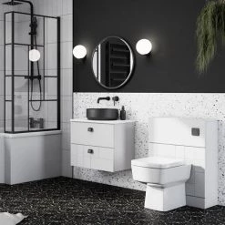 Venice Abstract 600 White Vanity - Wall Hung 2-Drawer Unit w. White Worktop, Round Matt Black Basin & Handles 5 Venice Abstract 600 White Vanity - Wall Hung 2-Drawer Unit w. White Worktop, Round Matt Black Basin & Handles -Victorian Plumbing Shop VWH6WHIWHIB2 d5 460