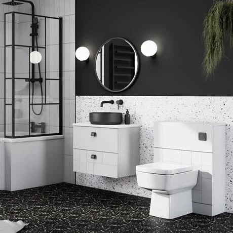 VWH6WHIWHIB2_d5_460.jpg Venice Abstract 600 White Vanity - Wall Hung 2-Drawer Unit w. White Worktop, Round Matt Black Basin & Handles -Victorian Plumbing Shop VWH6WHIWHIB2 d5 460