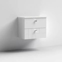 Venice Abstract 600mm White Vanity Unit - Wall Hung 2 Drawer Unit with White Worktop & Chrome Handles -Victorian Plumbing Shop VWH6WHIWHI D1 460