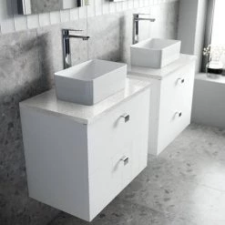 Venice Abstract 600mm White Vanity Unit - Wall Hung 2 Drawer Unit with White Worktop & Chrome Handles -Victorian Plumbing Shop VWH6WHIWHI D2 460